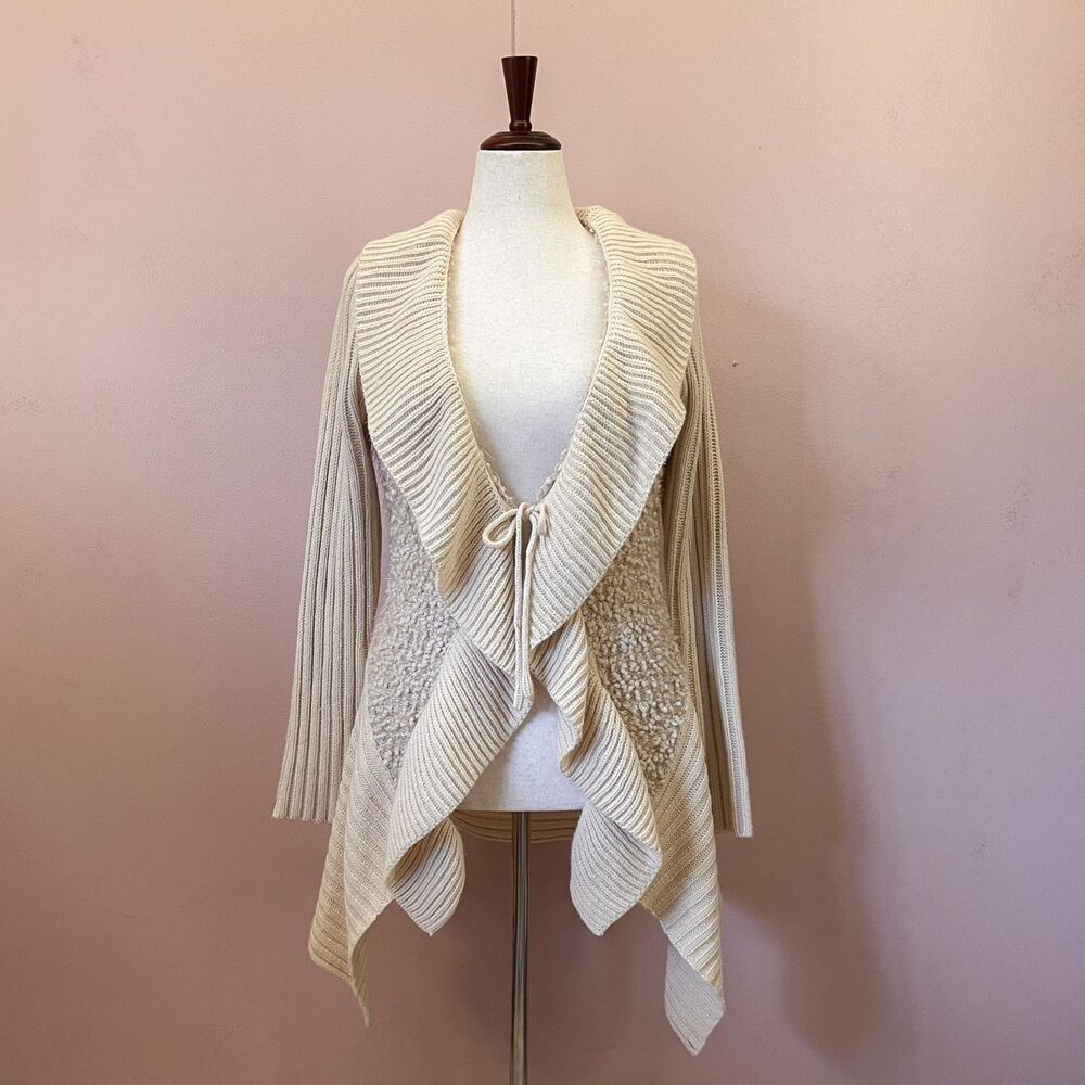 Belldini L Cream Cardigan Textured Flowy Ruffle Tie Front Ribbed Boucle Casual